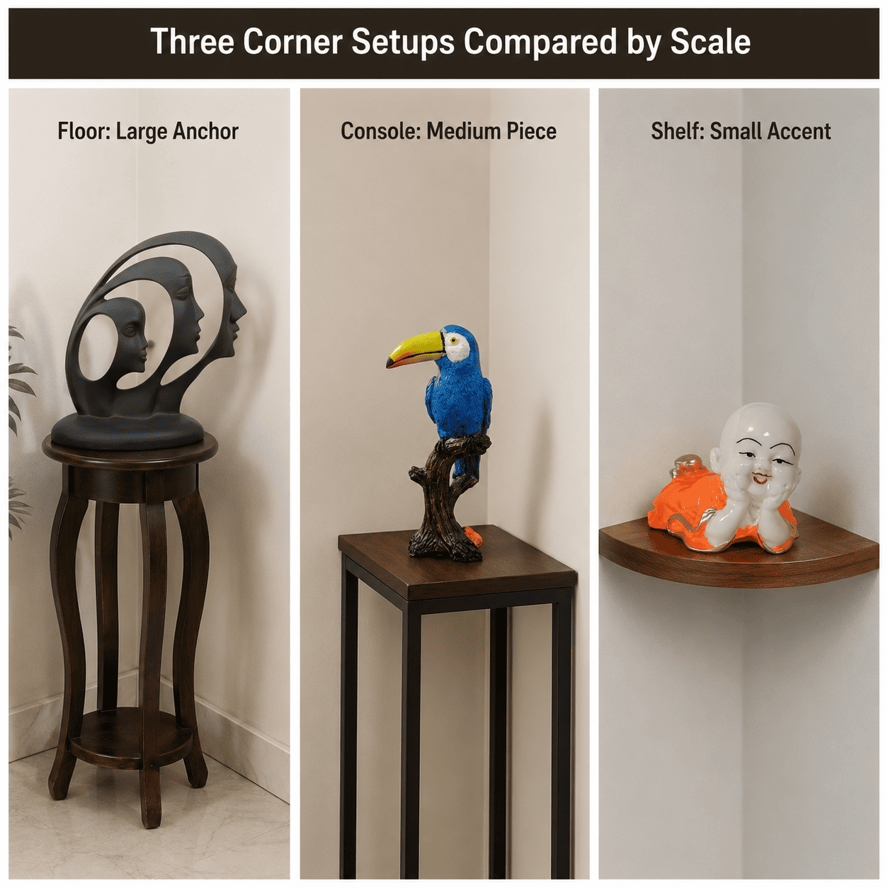 comparison grid of three corner decor setups at different scales