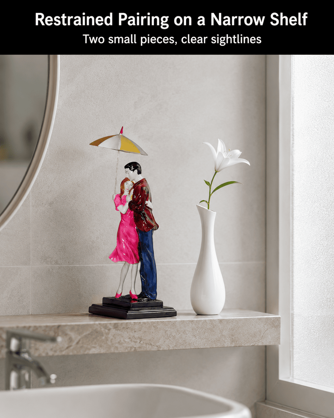 two small decorative pieces grouped on a narrow bathroom shelf