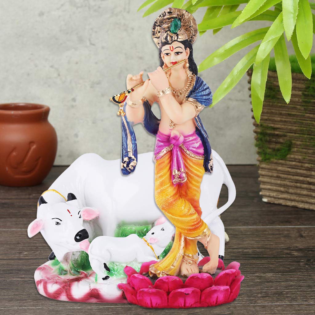 Lord Krishna Idol Standing on Lotus Platform with Cow and Calf for janmashtami Decoration