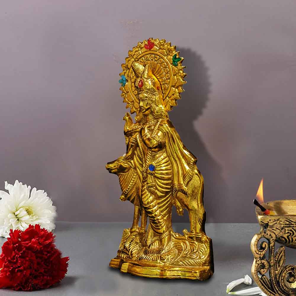 Krishna Idol Standing on a Platform with Cow for janmashtami Decoration