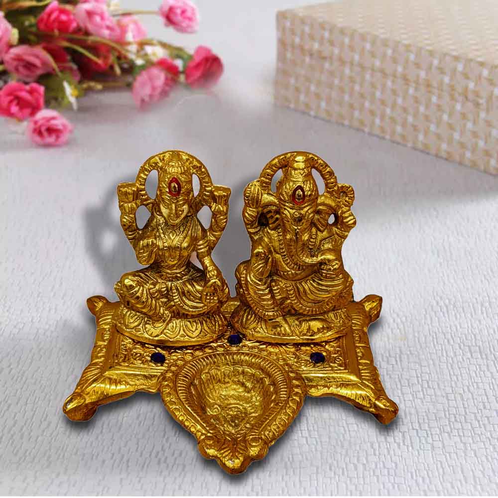 Small Metal Ganesh Lakshmi  Idol on Chowki for Ganesh Chaturthi Decoration