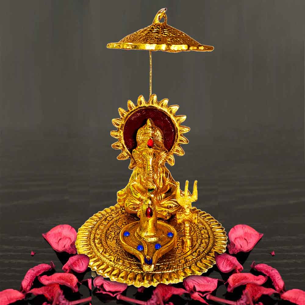 Metal Sitting Ganesh Idol with Shivling for Ganesh Chaturthi Pooja