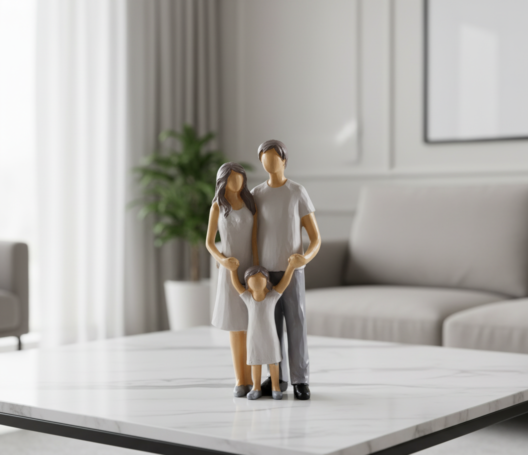 Elegant grey parent and child family statue showpiece for living room decor.