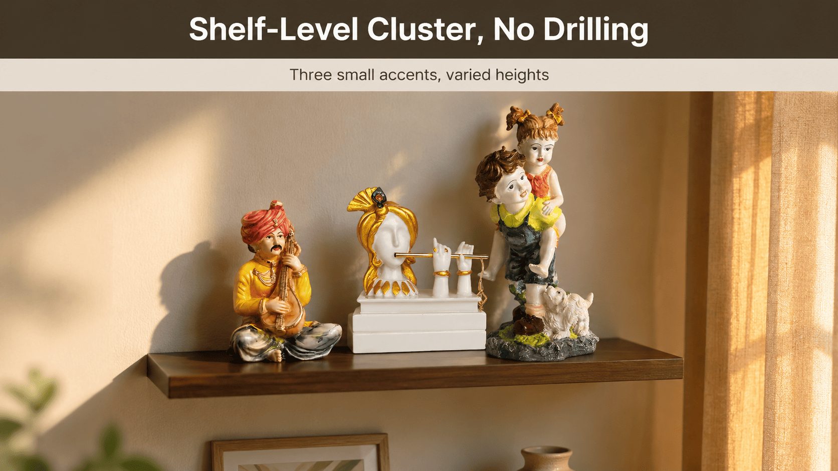 small decorative pieces clustered on a floating shelf