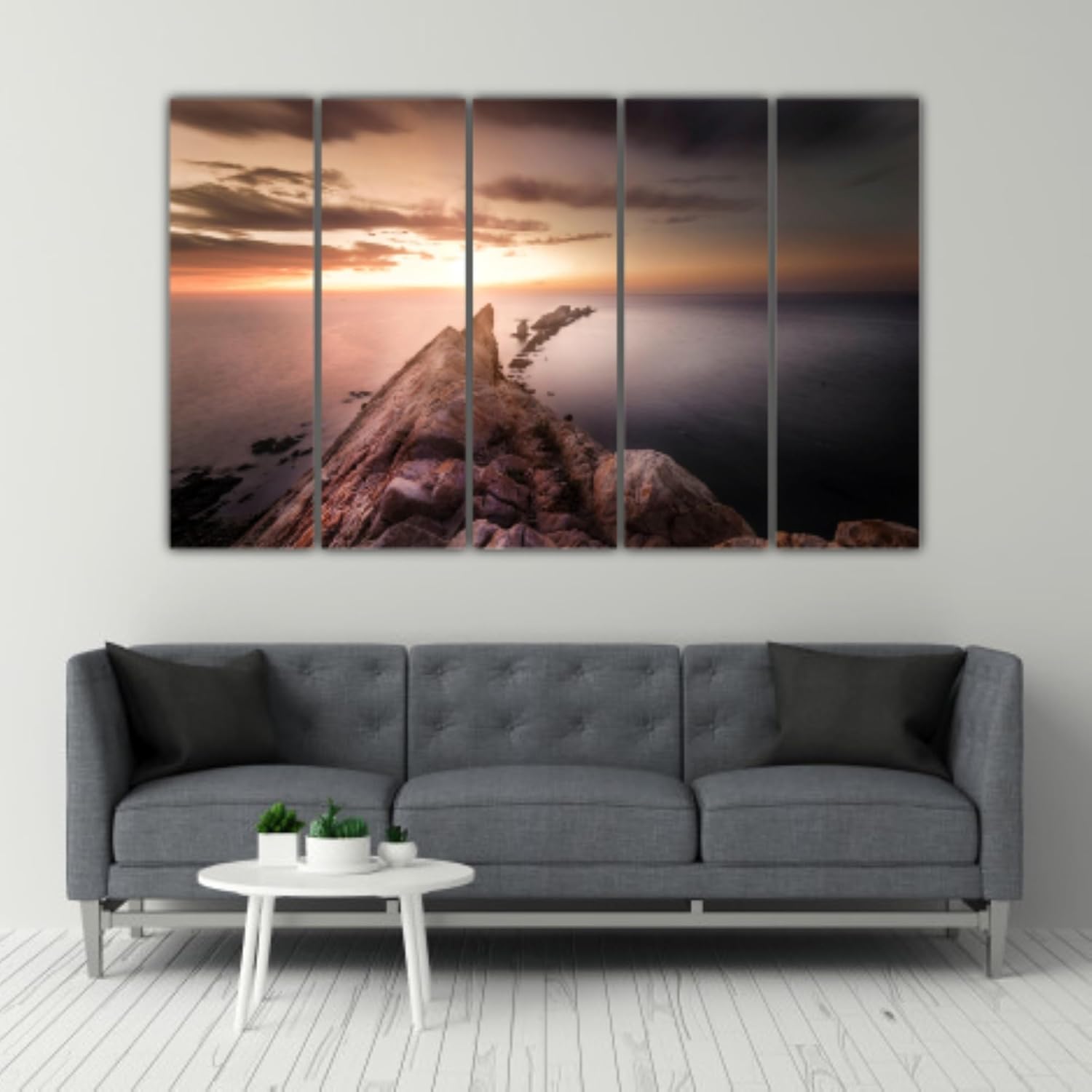 Wave Hello to Stunning Walls: Multi-Frame Sea Wall Art for Ocean Vibes hanging above a neutral-toned couch for a fresh coastal feel.
