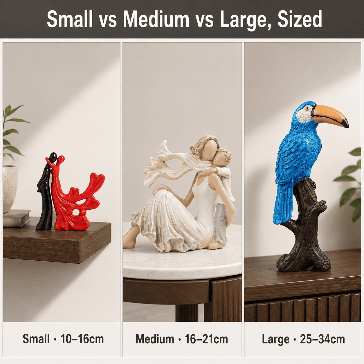 size comparison grid of small, medium, and large modern décor pieces