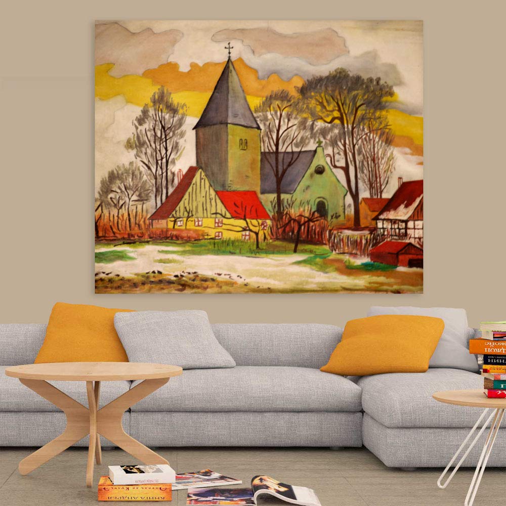 Hallelujah Homestead: Village Church Unframed Countryside Wall Art in a cozy living room setting