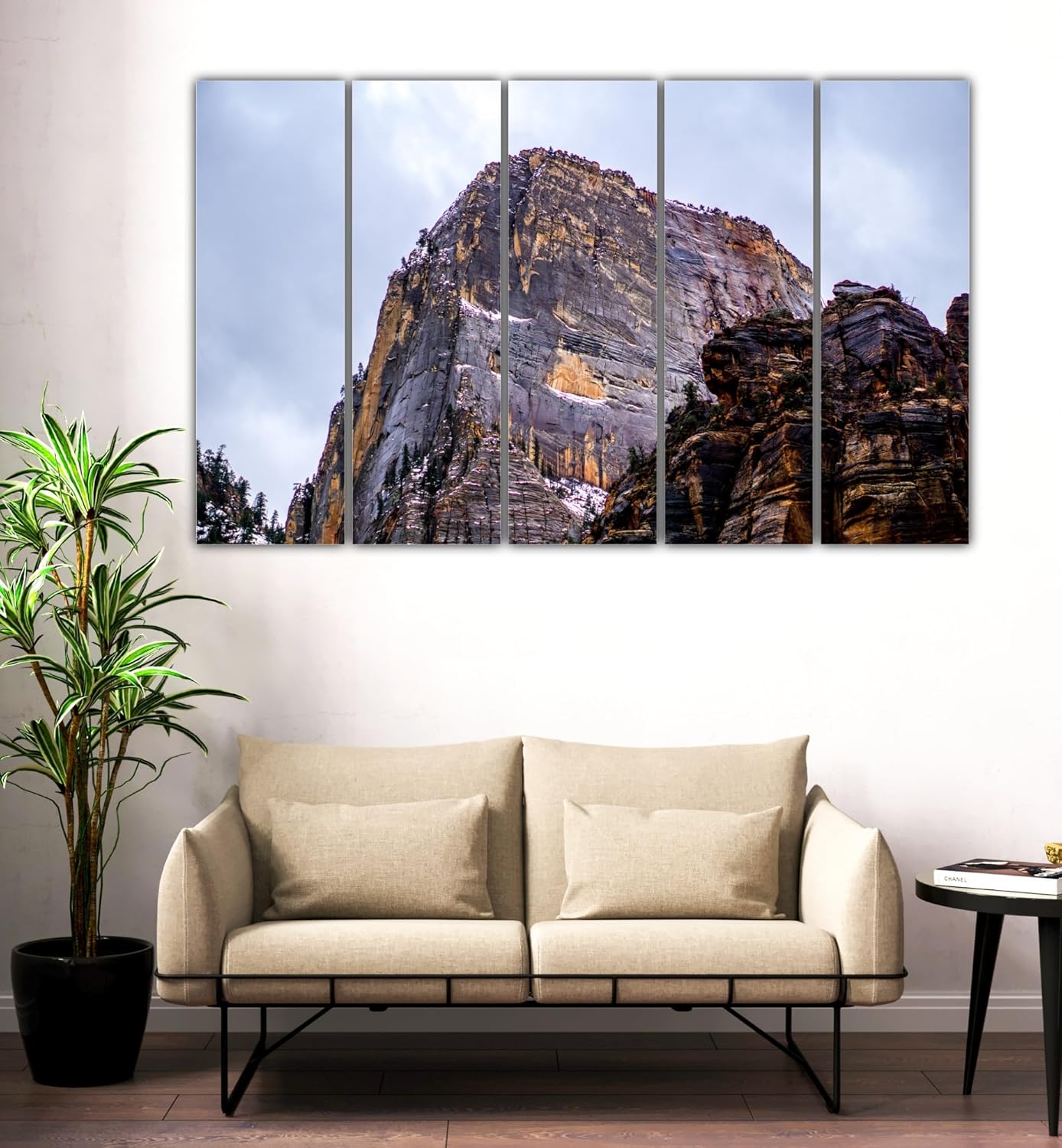 Full view of Peak Performance: Mountain Majesty in Multi-Frame Framed Wall Art on a living room wall
