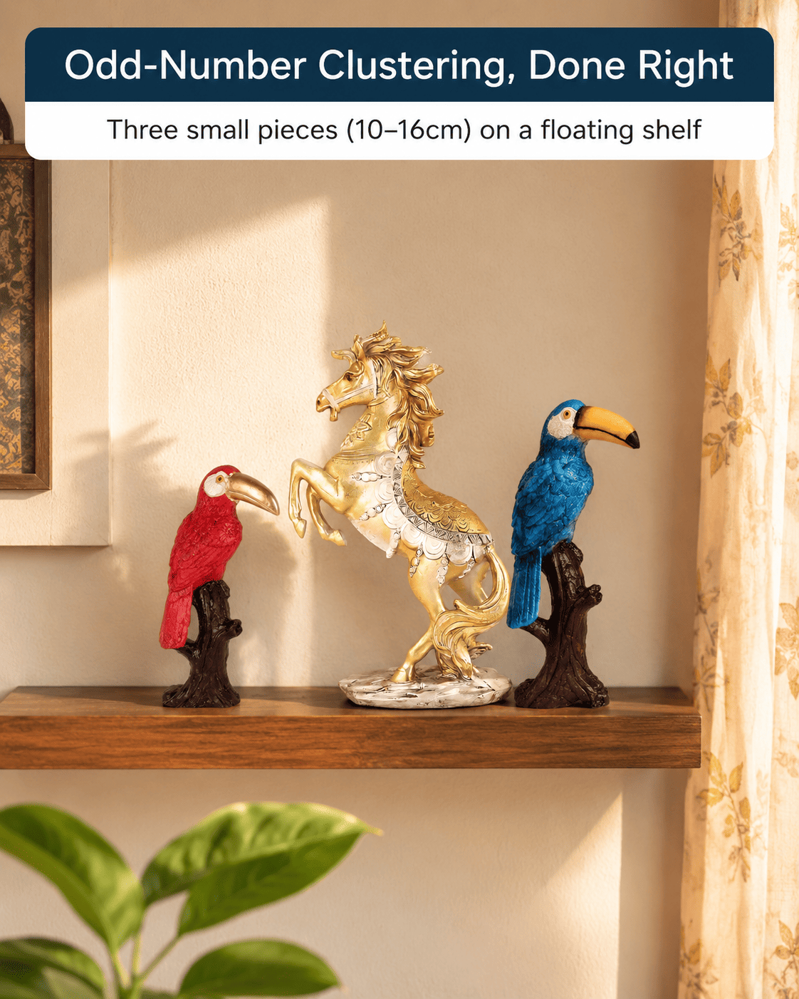 Small decorative pieces clustered on a floating shelf