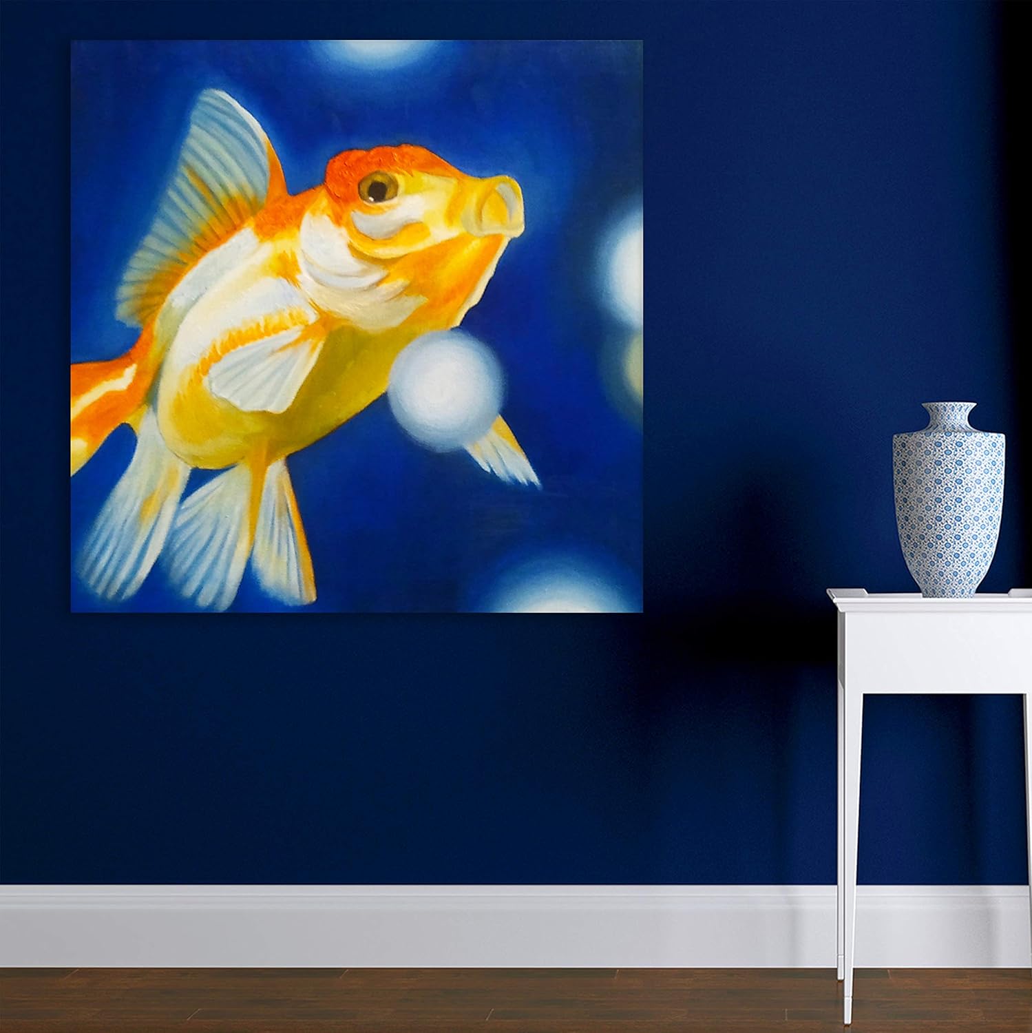 Fish-tastic Goldfish Wall Art unframed canvas showing a vibrant orange goldfish swimming on a soft neutral background