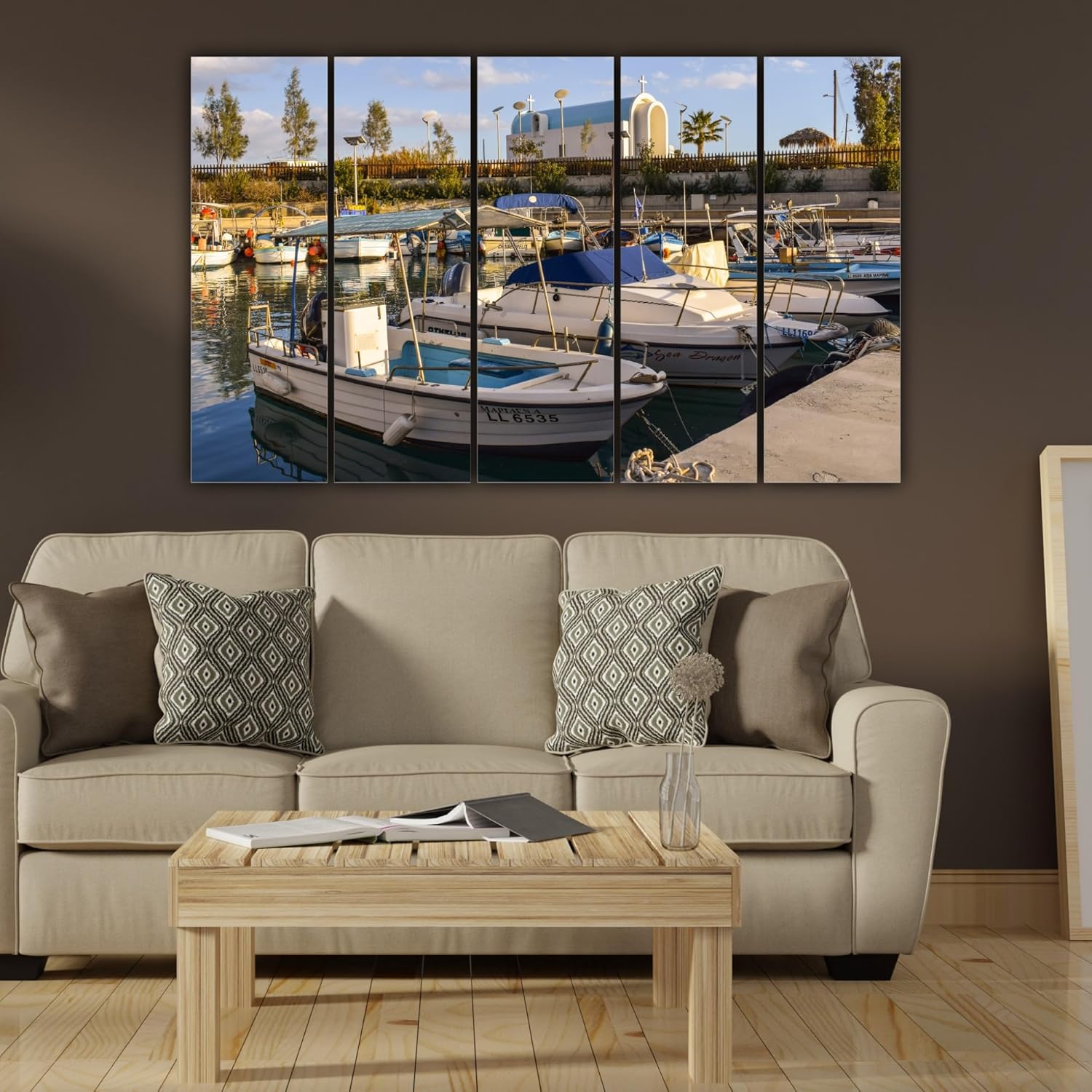 Close-up of Harbor-tastic Multi-Boat Framed Wall Art showing colorful boat prints