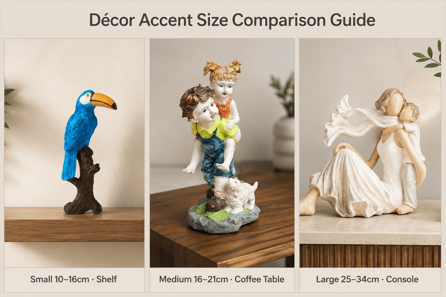 size comparison of small medium and large decor accents across surfaces