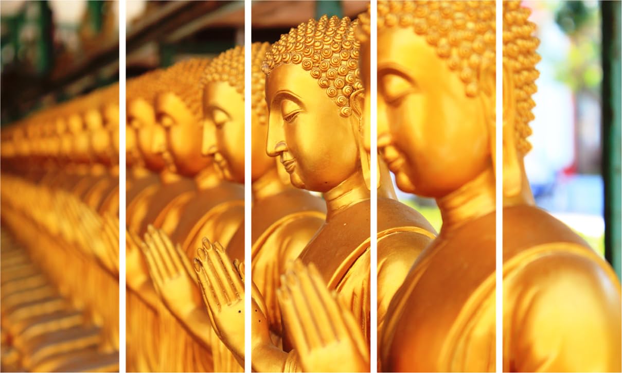Living room wall showcasing Buddha-tastic 5-Panel Framed Wall Art over sofa