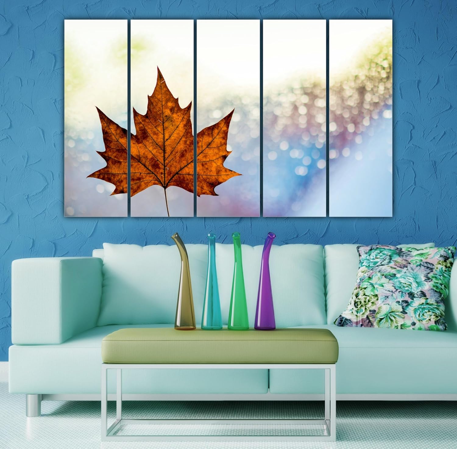 Close-up of the framed multicolor leaf artwork 'Leafy Laughter Photography: Framed Multicolor Wall Art' with sharp digital print on wooden MDF.