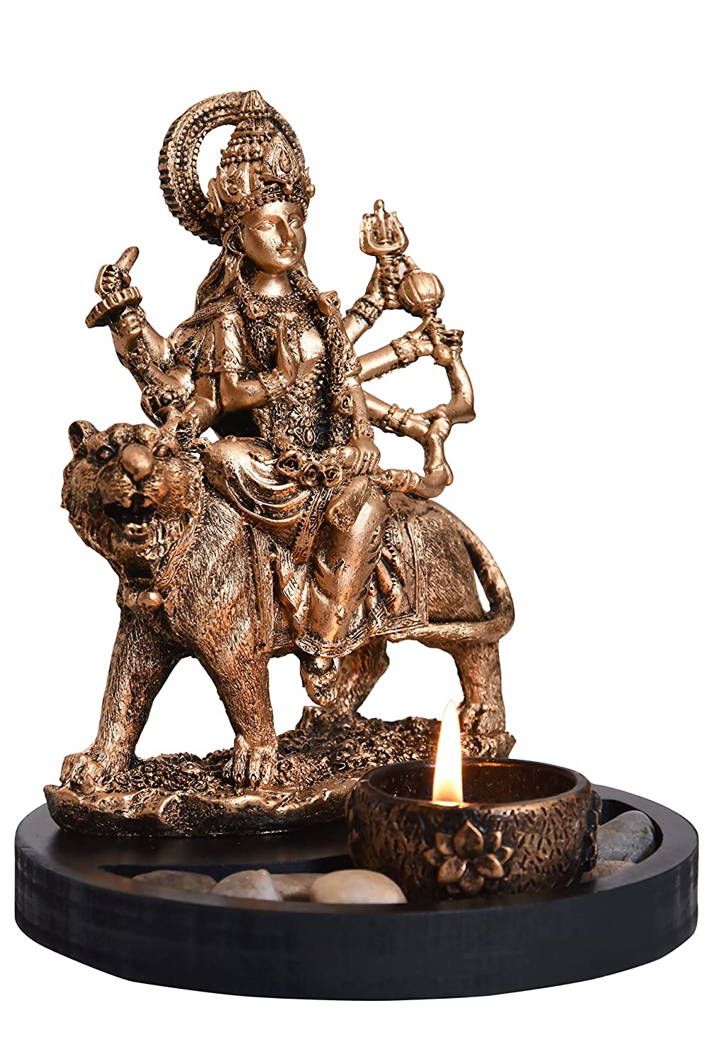 Antique Golden Maa Durga Showpiece Sitting on Lion with Tealight for Kitchen Decor