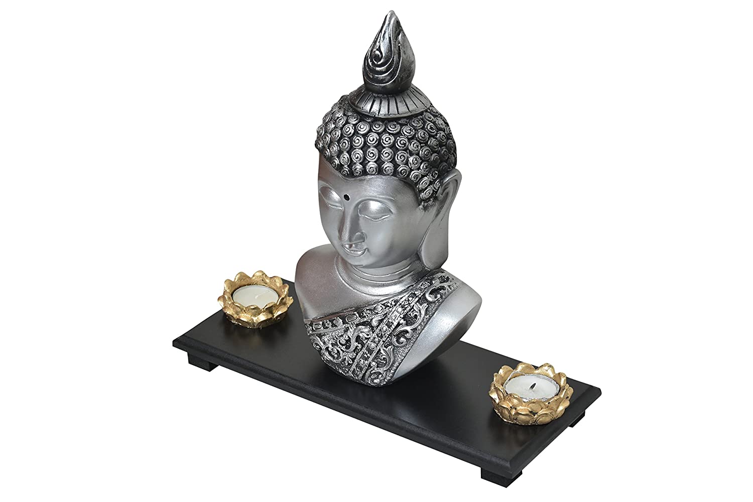 Sitting Antique Buddha Idol Showpiece on Royal Tray with Tealight for Home Decor