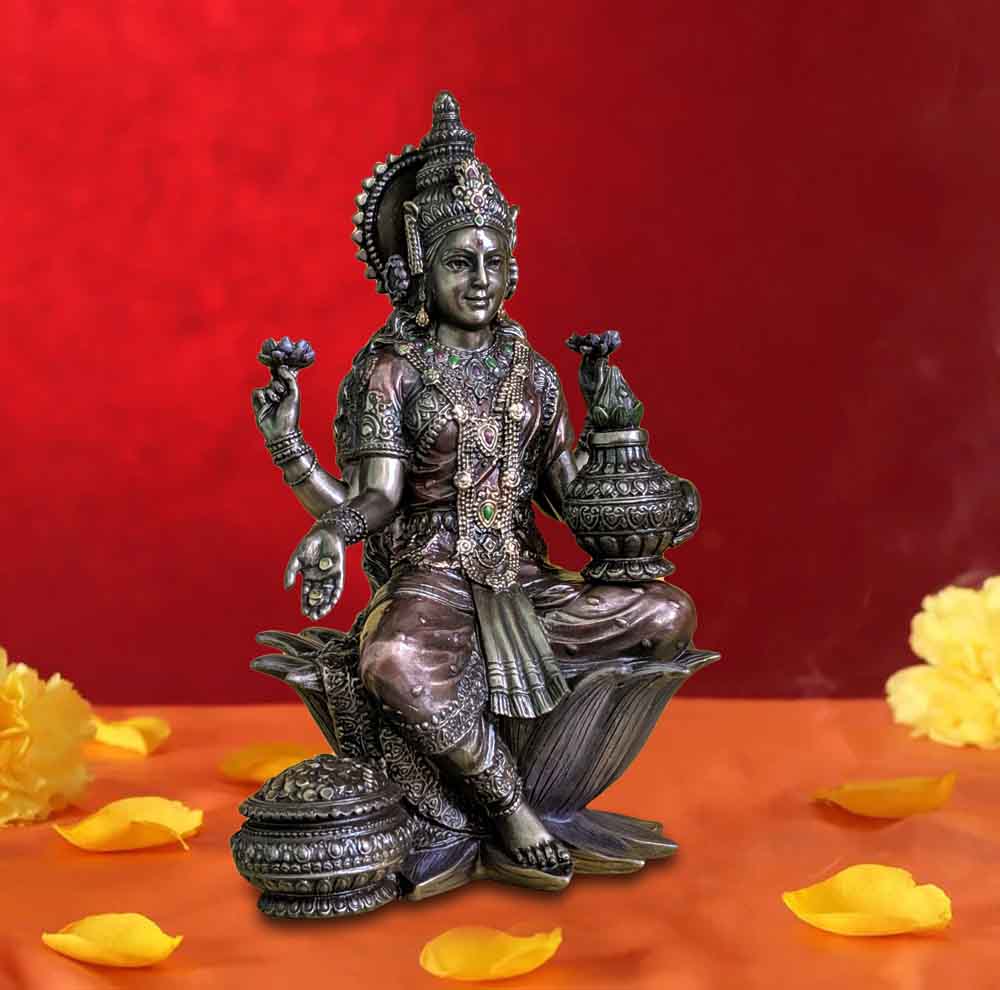 Antique Cold Cast Lakshmi Showpiece Sitting on Lotus Flower
