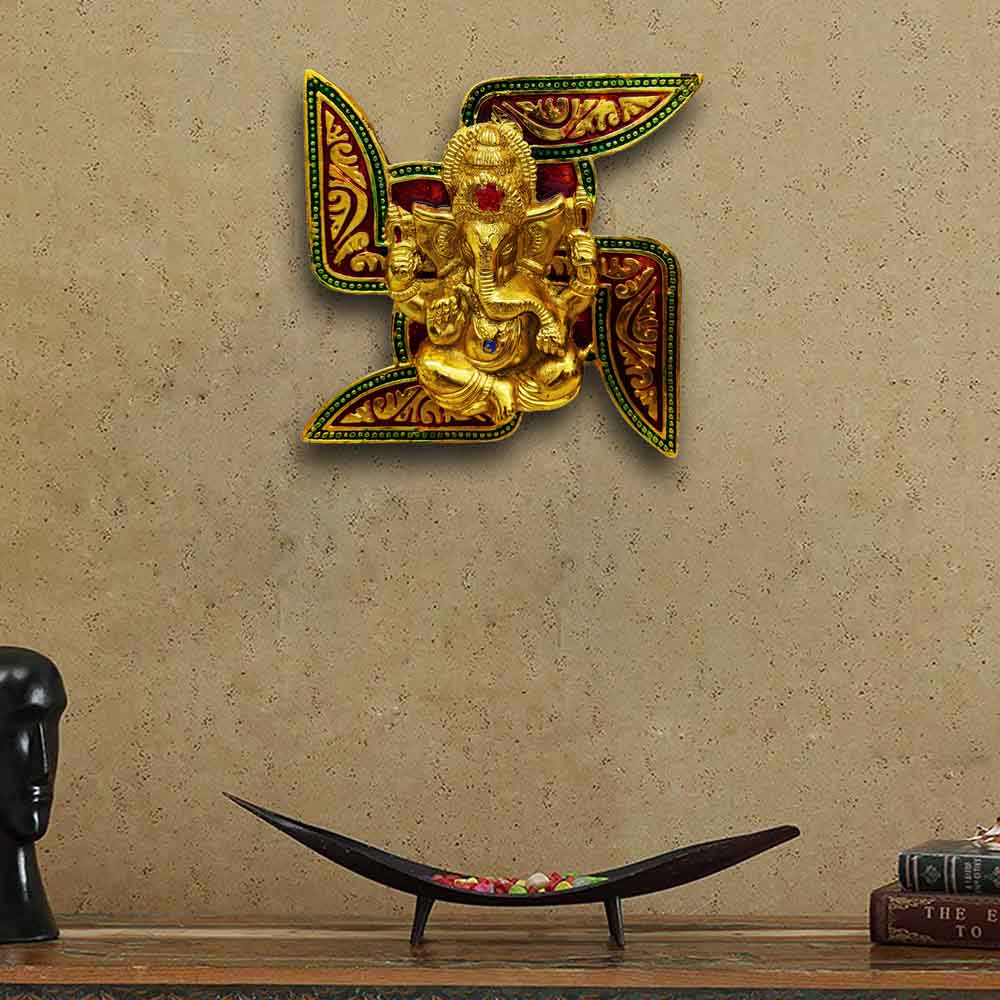Buy Golden Ganesha Hanging Showpiece on Multicolour Swastik