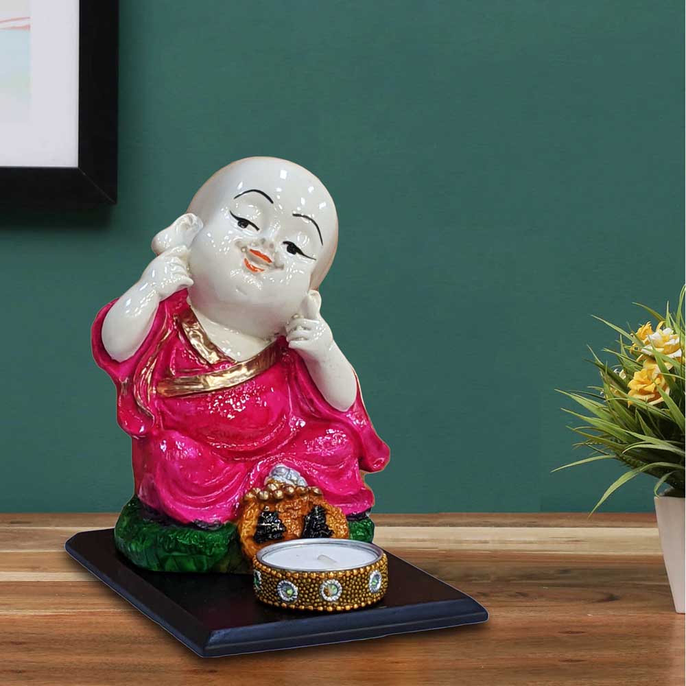 Miniature Pink Baby Monk Buddha Sitting Showpiece on a Wooden Tray for Perfect Gift