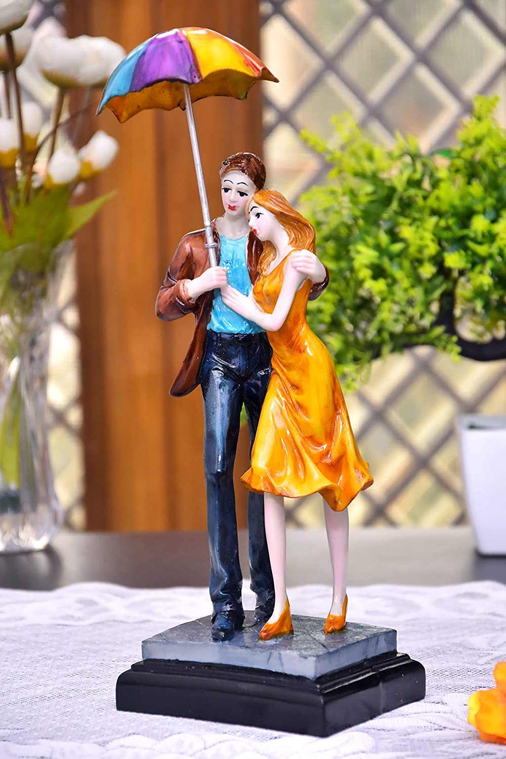 Yellow and Blue Couple Statue with Pink Teddy for Wedding Anniversary Gift