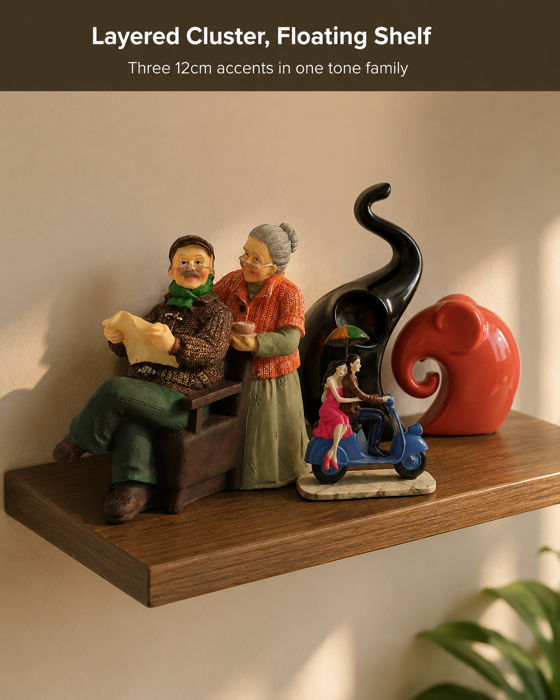 cluster of small decorative pieces grouped on a shelf