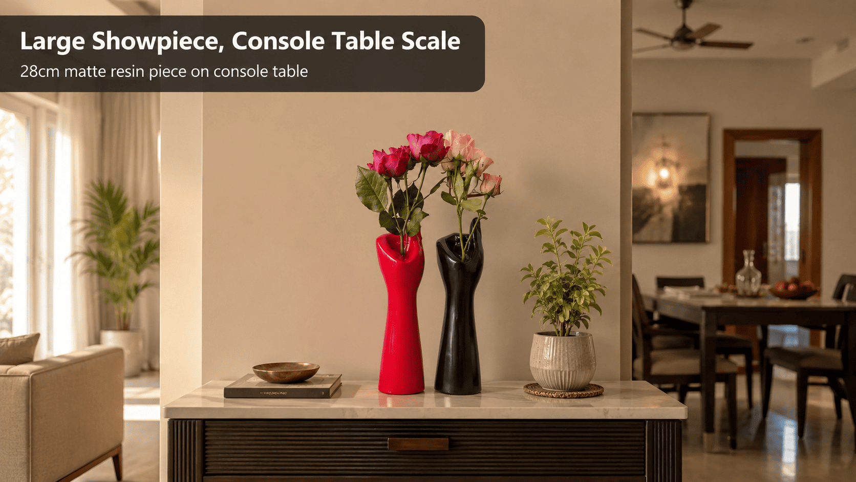 large showpiece on console table in open living area