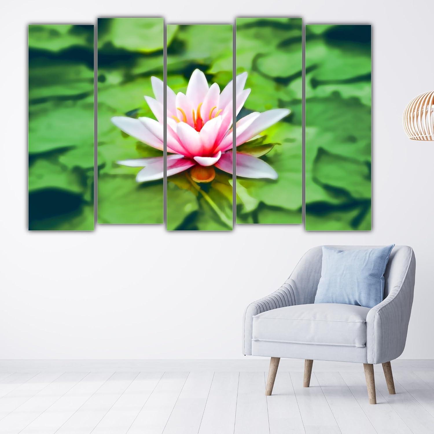 Close-up of framed 5-panel floral photography wall art showcasing vivid pink and yellow blooms.