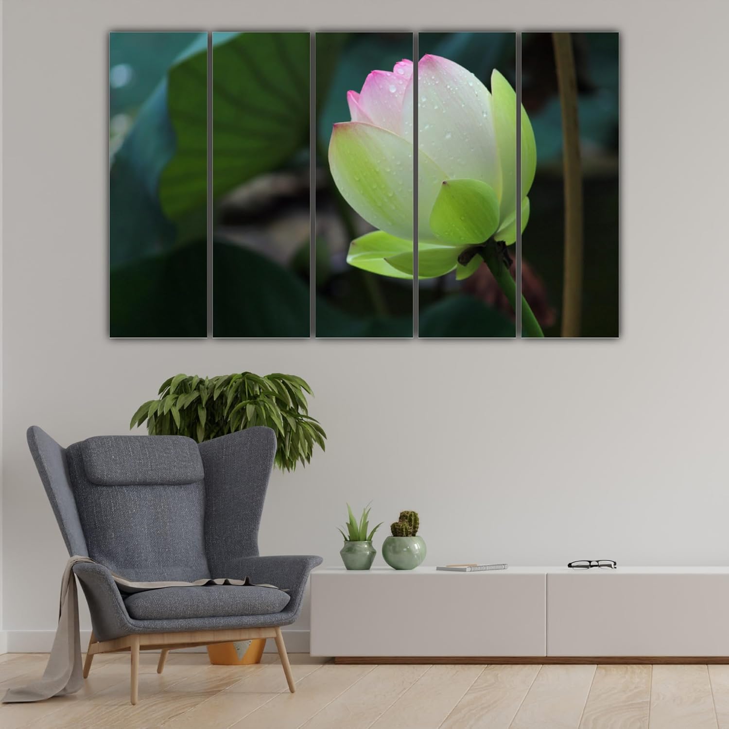 Lotus-tastic 5-Panel Framed Photography Wall Art displayed above a sofa for a pop of abstract lotus color