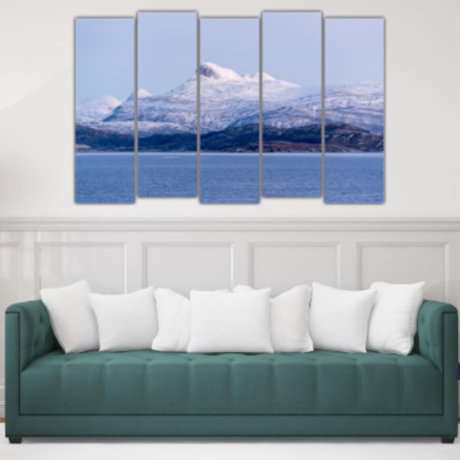 Close-up of Peak Your Decor with Mountains: 5-Panel Framed Wall Art highlighting vivid, splash-resistant prints.