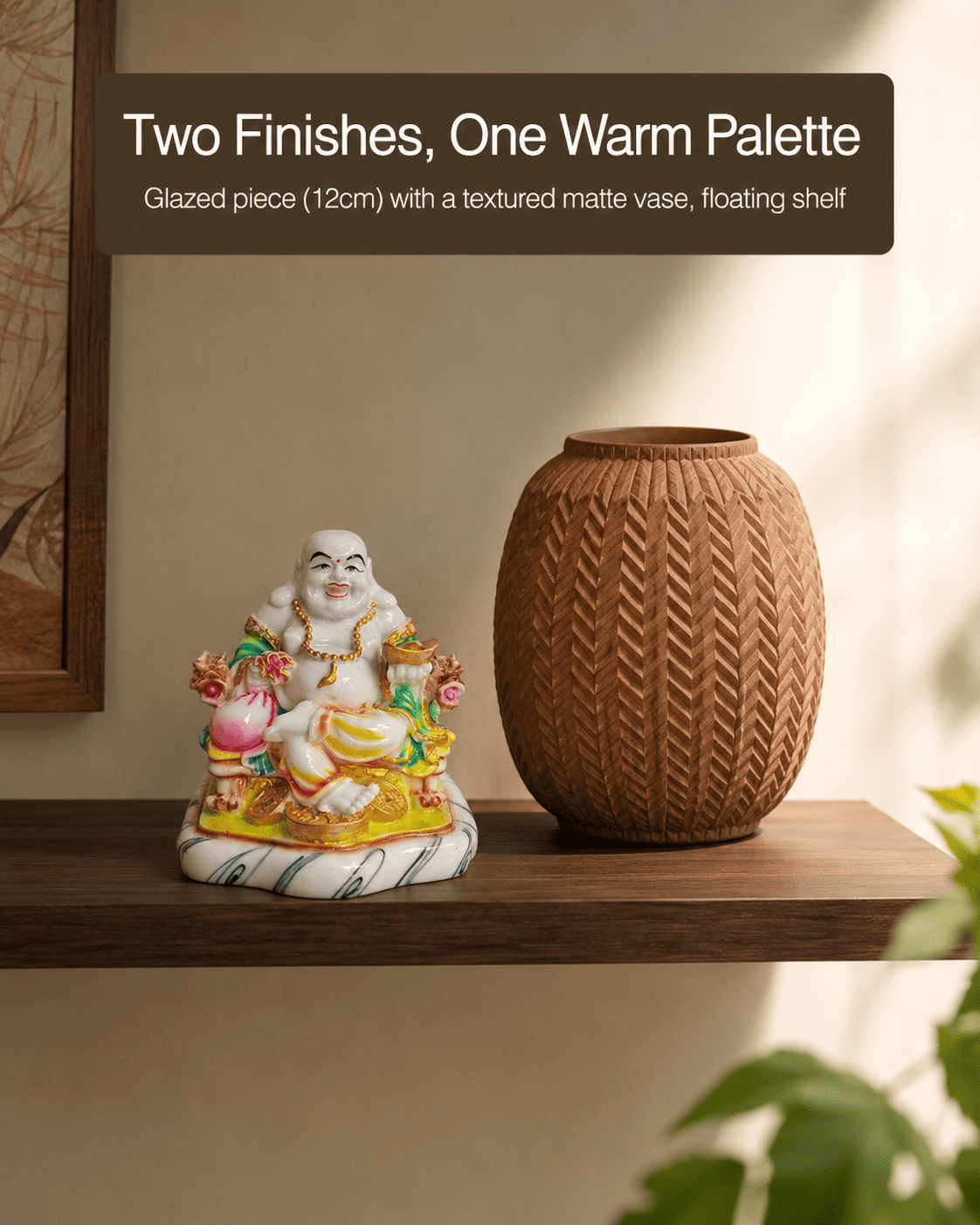 small decorative piece and textured vase on a floating shelf