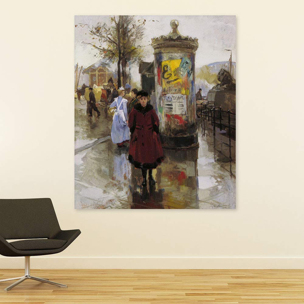 Red Raincoat Rendezvous Wall Art shows an unframed cotton canvas of a woman in a vibrant red raincoat.