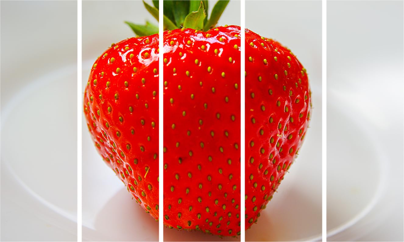 Berry-tastic Strawberry Photography-Framed Wall Art displaying five vibrant frames of fresh strawberries on a white background.