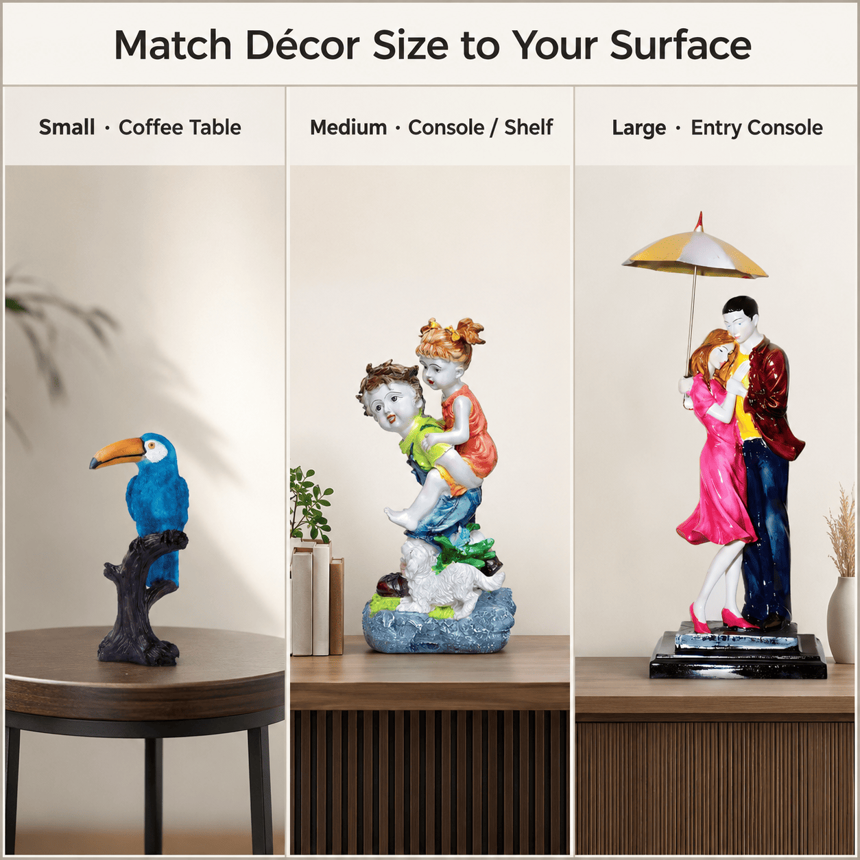 visual comparison grid of three living room sizes with matched decor scale