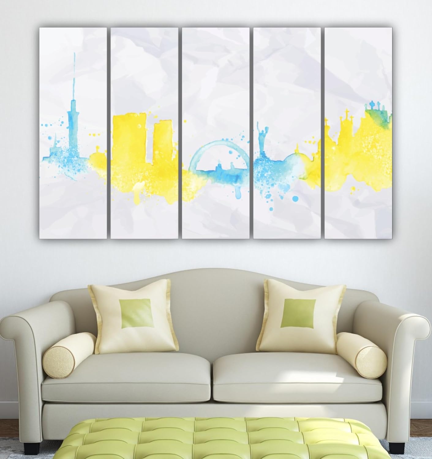 Close-up of splash-proof watercolor print on framed Skyline Soirée Wall Art