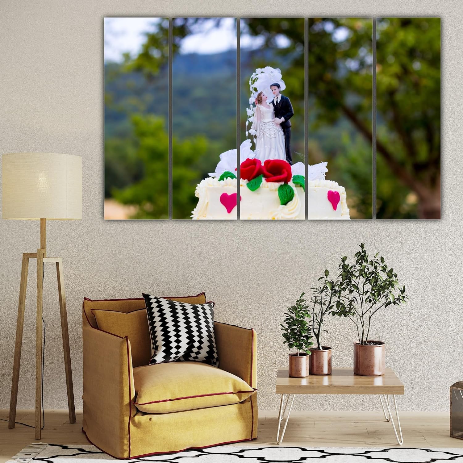 Cake-tastic 5-Panel Sweet Photography Wall Art hung above a modern sofa