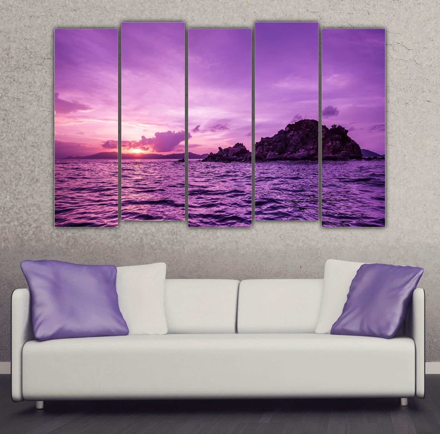 Close-up of the purple island sunset photography framed wall art highlighting the vivid splash-proof print.