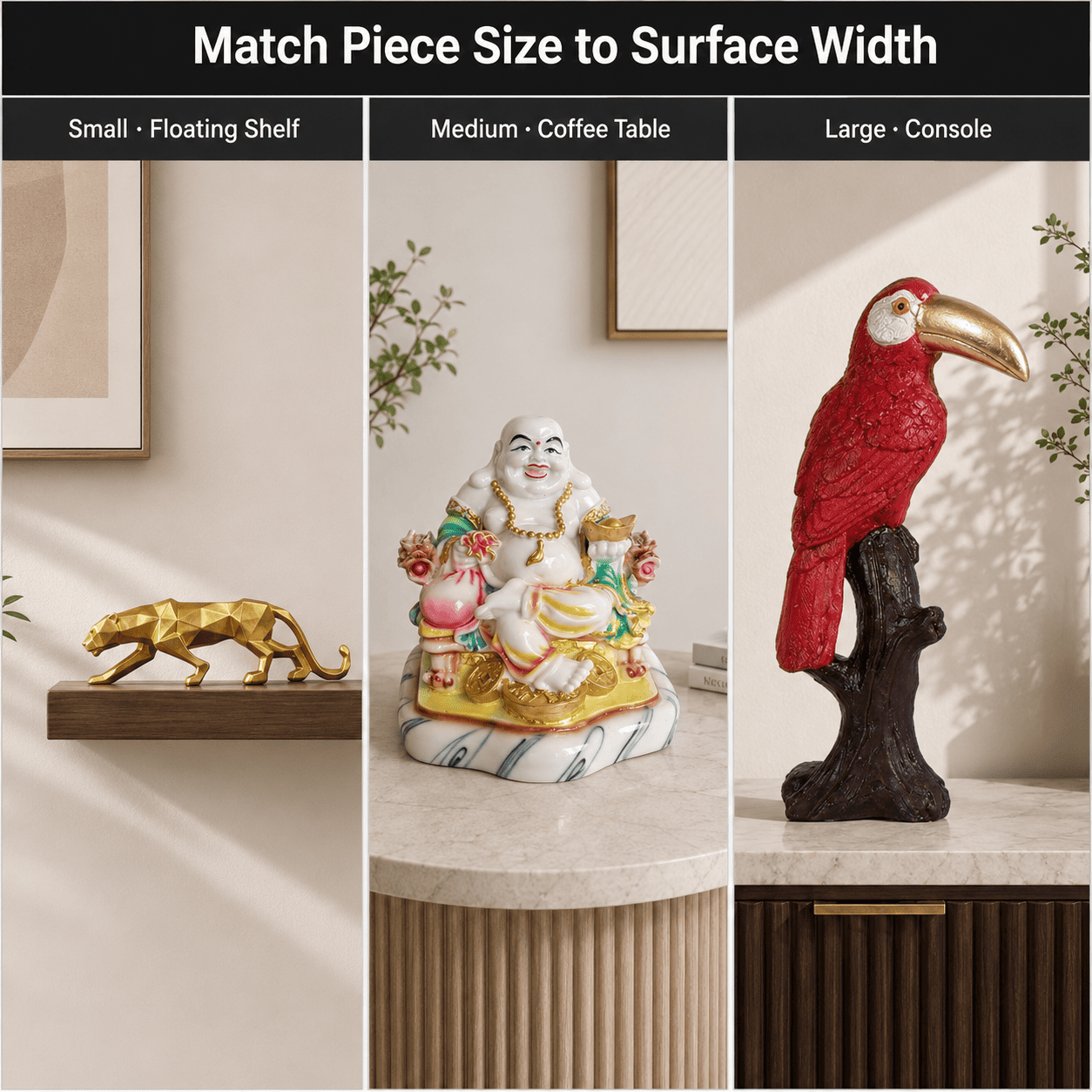 comparison grid of small medium and large decor pieces against matching surfaces