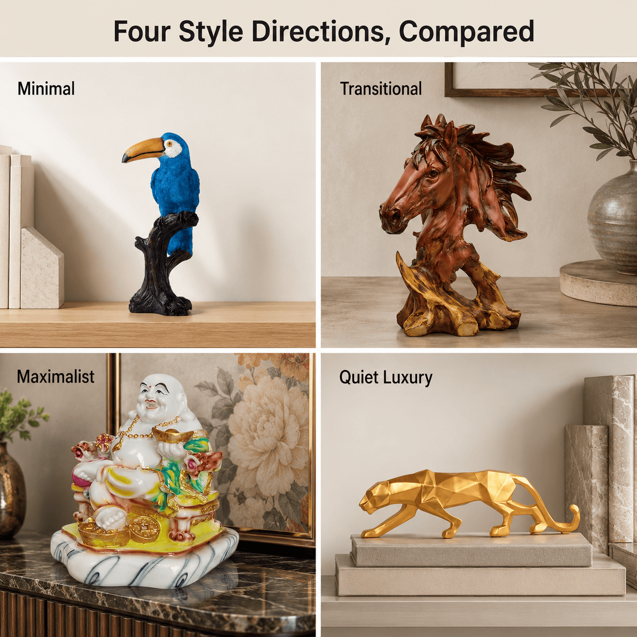 a visual grid comparing four interior design style directions