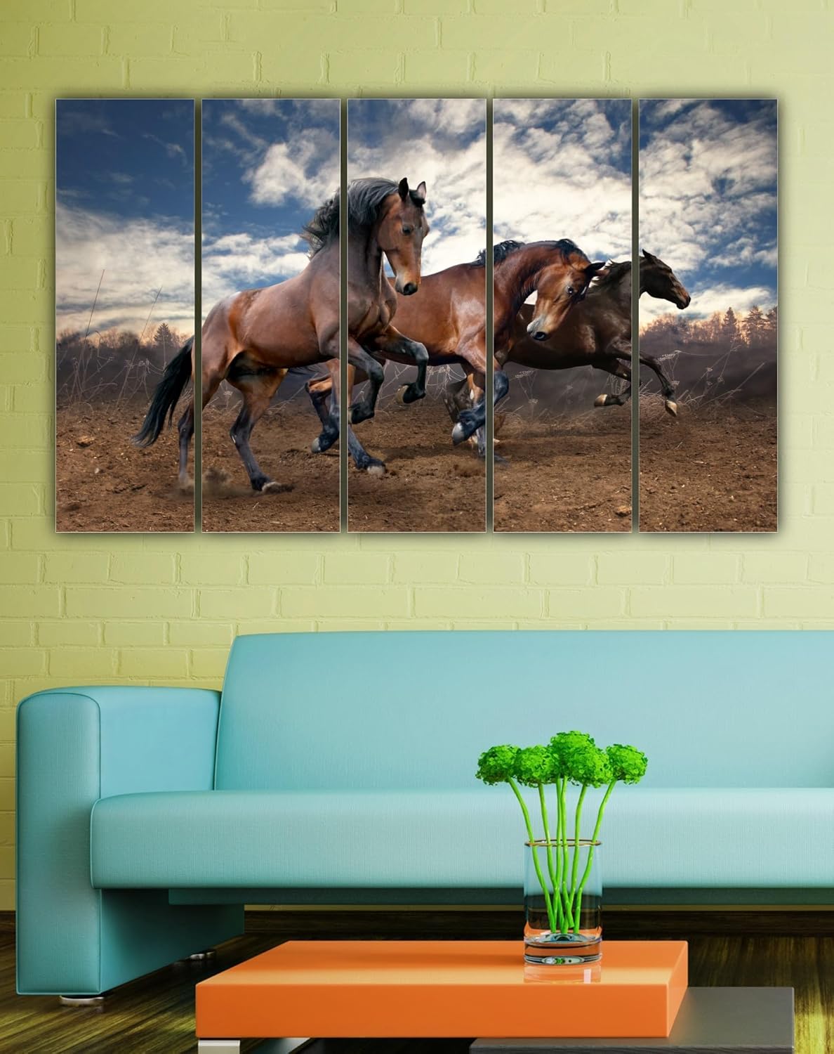 Colorful abstract animals on 5-panel framed Wall Art brightening a bedroom.