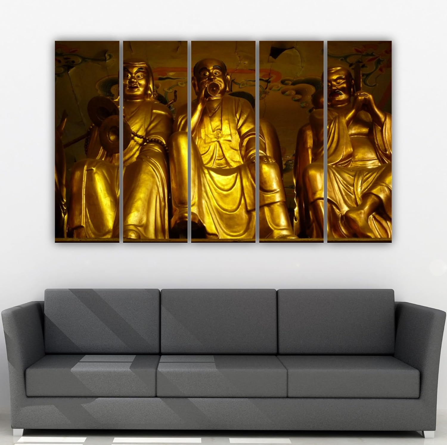 Close-up of the matte-laminated Buddha Wall Art panels showing vibrant colors