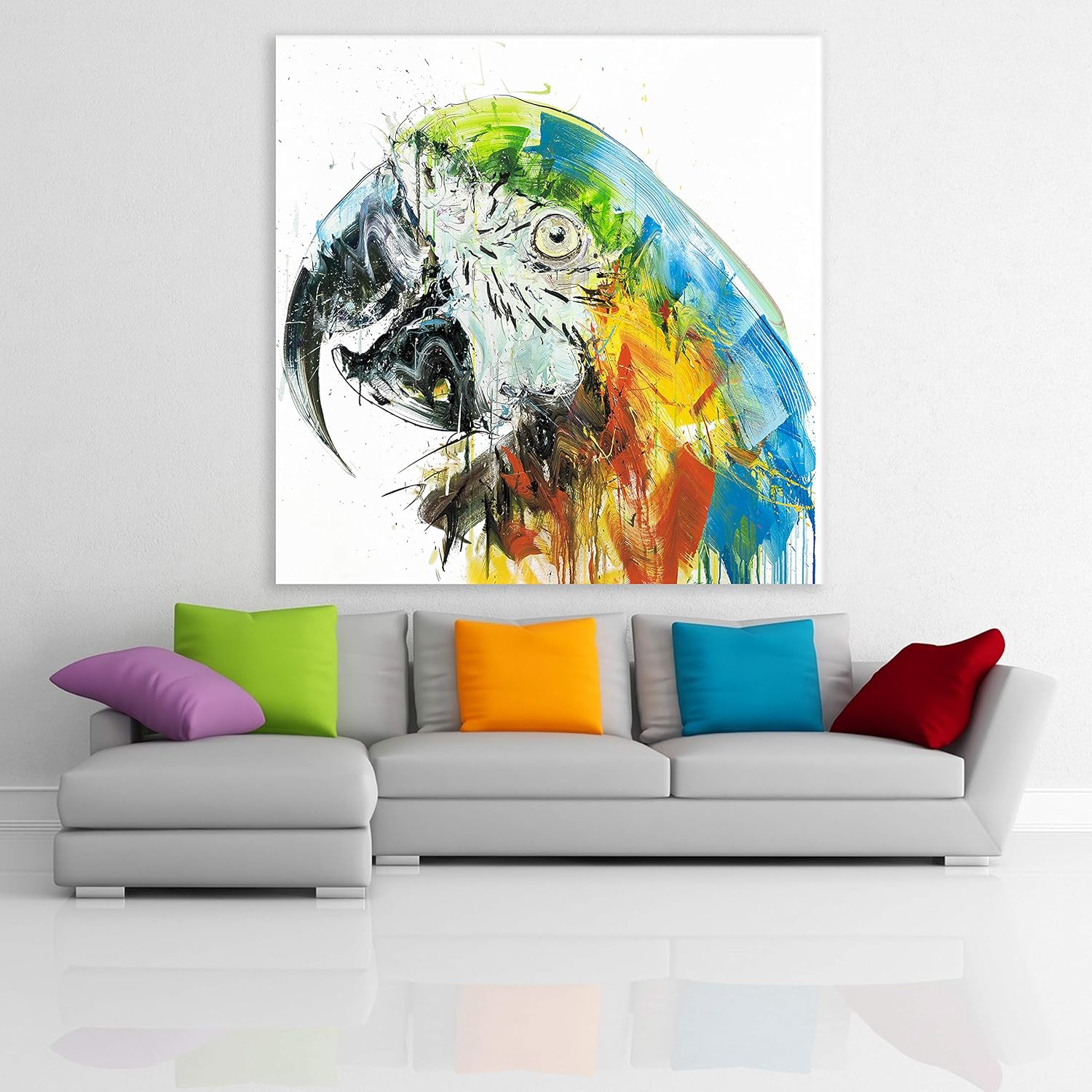 Squawk-tacular Unframed Parrot Canvas Wall Art brightens walls with a colorful parrot perched on leafy branches.