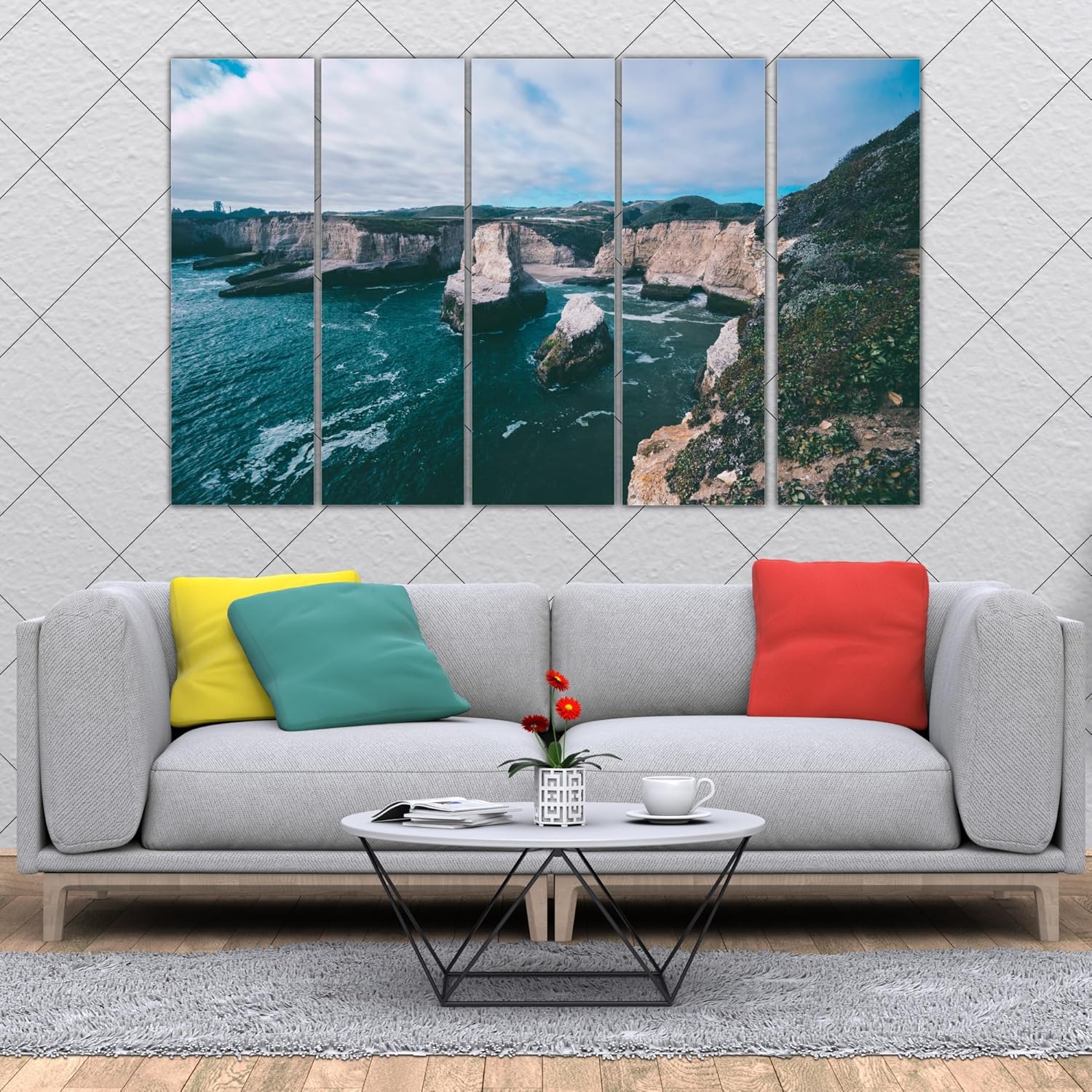 Multi-panel Framed Sea Shore Photography Wall Art creating beach vibes in a modern living room.