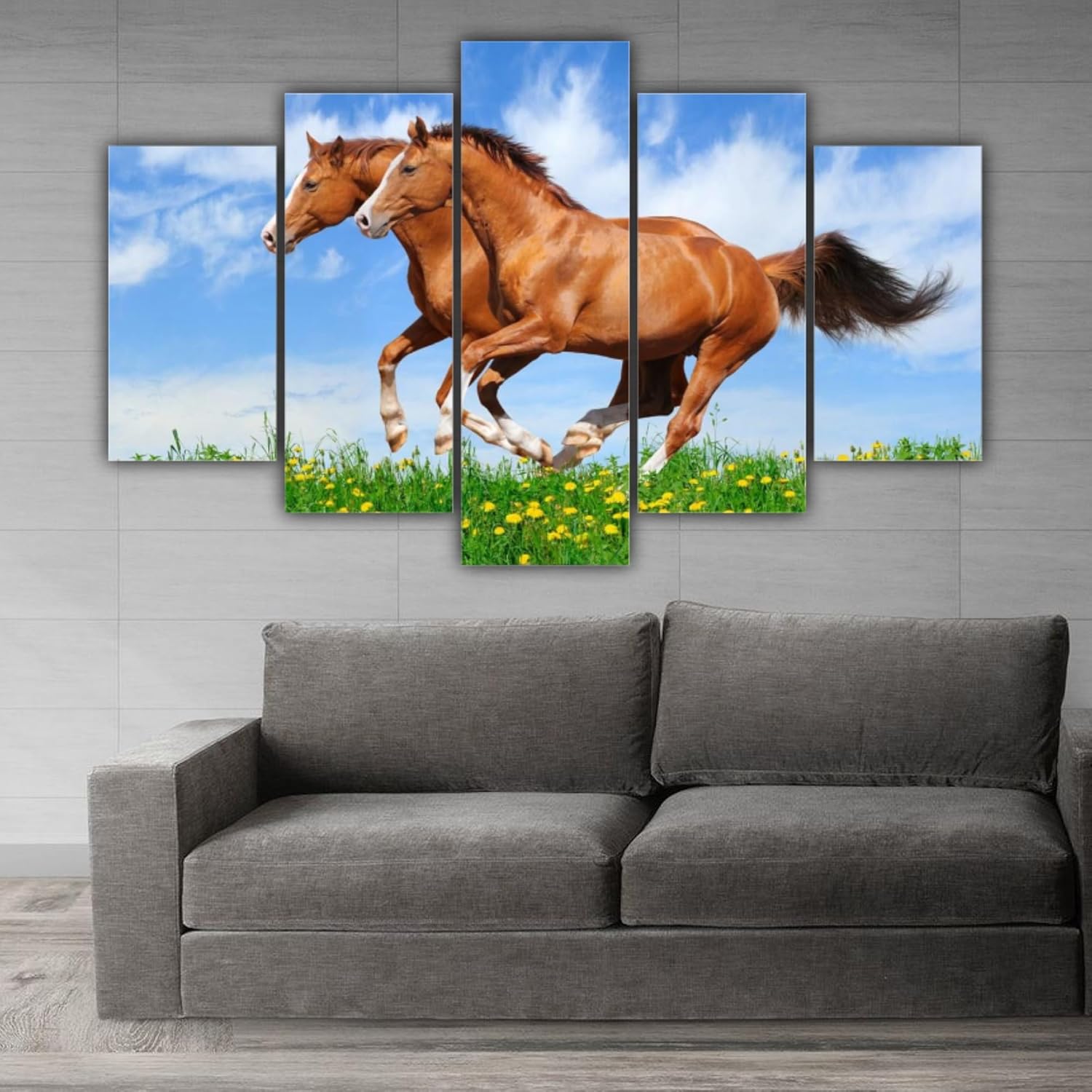 Gallop Into Good Vibes: Multi-Frame Horse Vastu Framed Wall Art close-up showing detailed running horse prints and sturdy MDF frames.