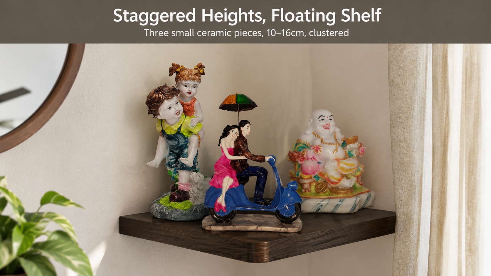small decorative pieces grouped on a floating shelf