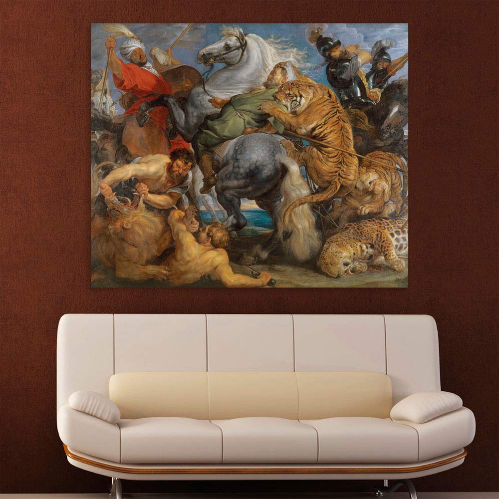 Wild Showdown Unframed Wall Art displaying man facing off against animals on cotton canvas
