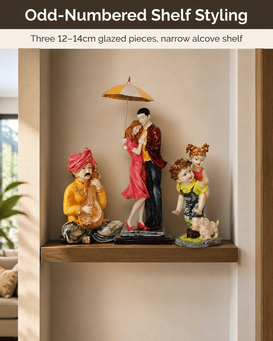 cluster of small decorative pieces on a floating shelf