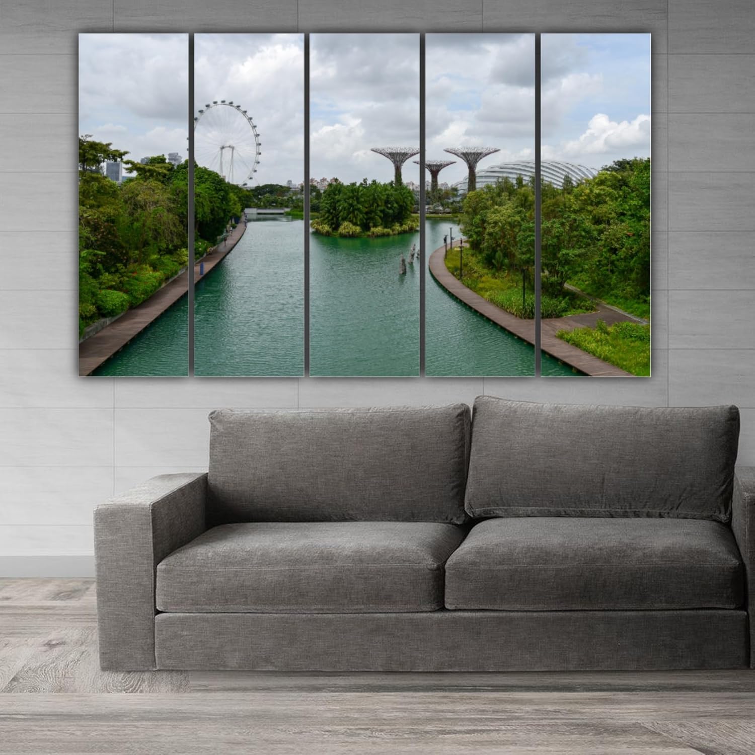 Close-up of panels from London Calling: Framed 5-Panel Wall Art with royal blue accents