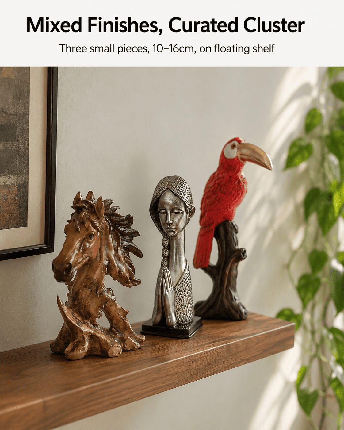 small decorative pieces clustered on a shelf