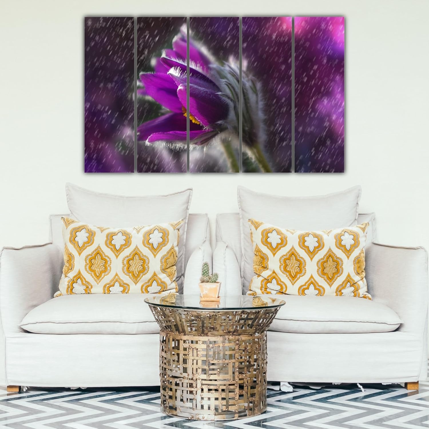 Purple Blooms-tastic 5-Panel Framed Wall Art to Make Your Walls Blossom featuring five vibrant purple flower panels.