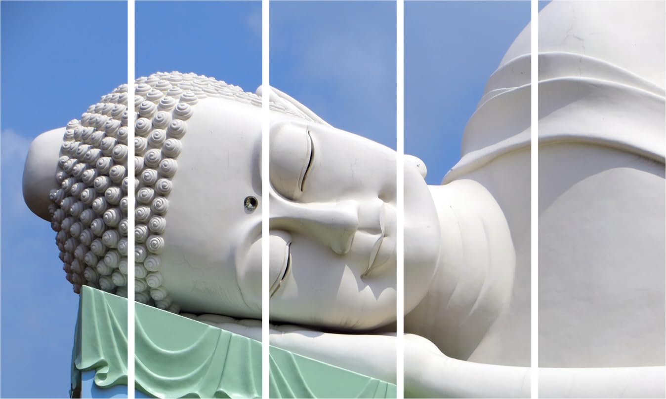 Close-up of Buddha-tiful 5-Frame Framed Wall Art (150x76cm) showcasing serene Buddha face across panels